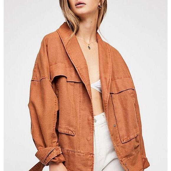 Free People Utility Cargo Jacket Burnt Orange Tan Sz M - Picture 1 of 15